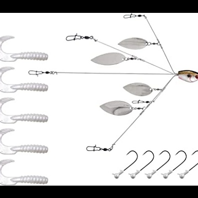 Conjunto de iscos artificiais brancos e spinnerbait para pesca com anzóis brancos