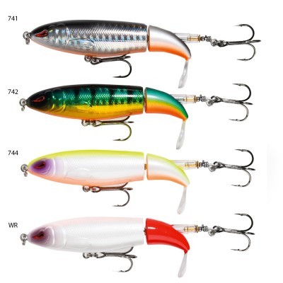 Conjunto de quatro iscos de pesca articulados com cores variadas e ganchos triplos