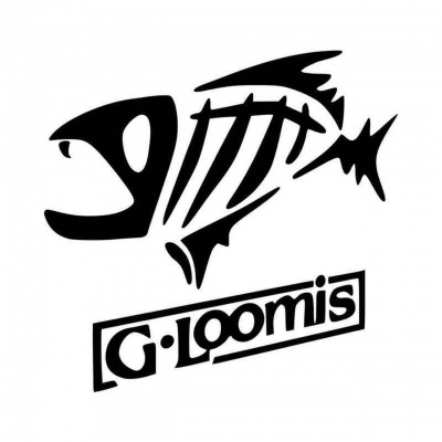 Logotipo preto e branco com desenho de peixe esqueleto e texto G.Loomis