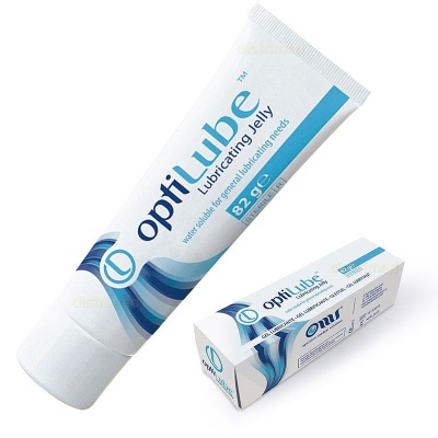 Tubo e caixa de gel lubrificante OptiLube branco e azul