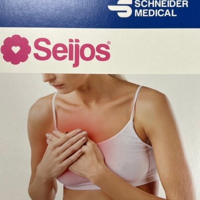 Mulher com top branco e mãos sobre peito com vermelho indicando dor