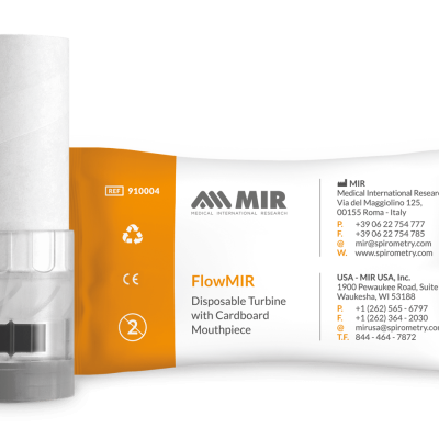 Turbilhão descartável FlowMIR com bocal de cartão e embalagem com informações da empresa MIR