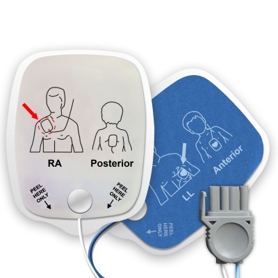 Eléctrodos adesivos para desfibrilador com instruções de posicionamento em branco e azul