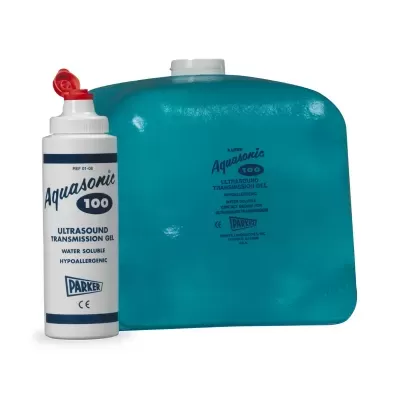 Recipiente branco com Gel de transmissão Ultrasónico e saco azul com texto Aquasonic 100