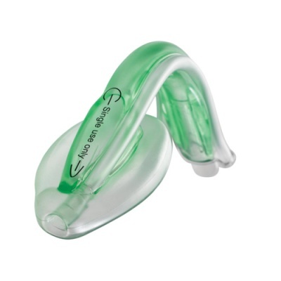 Suporte nasal verde e branco de plástico com texto 'Single use only'.