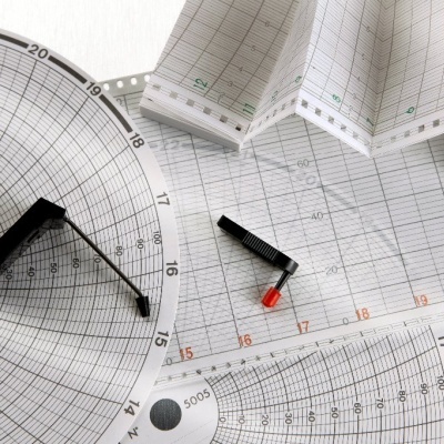 Gráficos em papel circular e quadriculado com ponteiros preto e vermelho