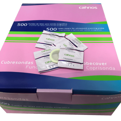 Caixa de cubresondas de látex para sonda ecográfica da marca Cahnos com embalagens individuais.