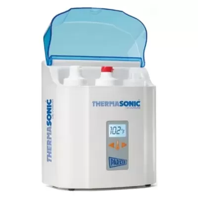 Irrigador oral branco com tampa azul e ecrã digital