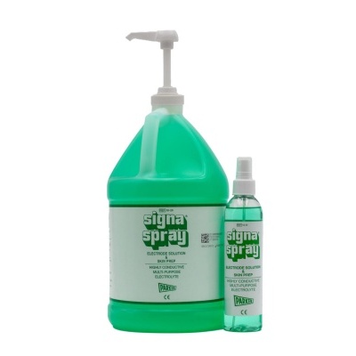 Duas embalagens de líquido condutor Signa Spray, uma grande com doseador e outra pequena com spray.