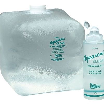 Gel para ultrassom Aquasonic Clear em duas embalagens transparentes