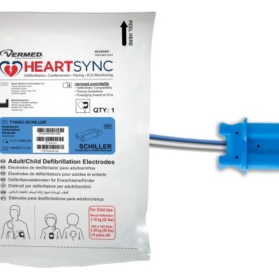 Pacote branco com conector azul de eletrodo de desfibrilhador HEARTSYNC