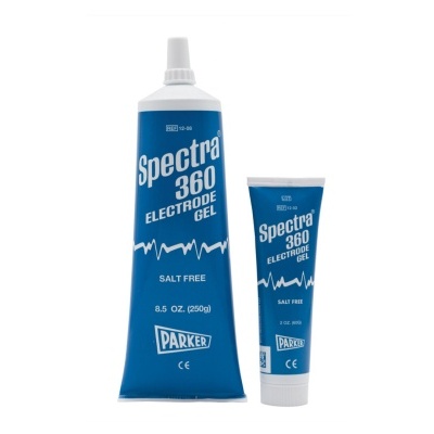 Duas embalagens tubo azuis de gel condutor Spectra 360 com texto branco no fundo branco