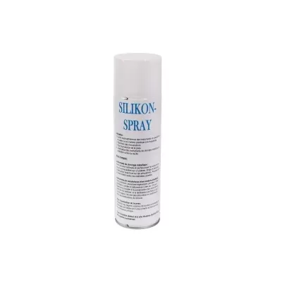 Spray SILIKON SPRAY em frasco cilíndrico branco com texto azul e preto