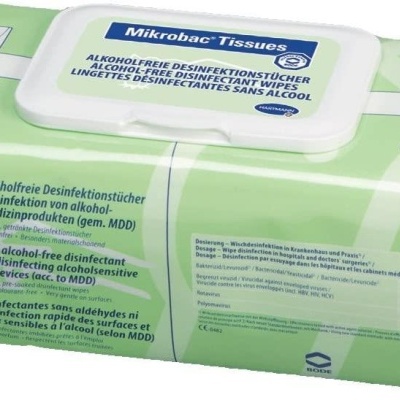 Pacote verde claro de toalhetes desinfetantes Mikrobac Tissues com tampa branca
