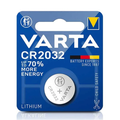 Embalagem azul de bateria de lítio VARTA CR2032 com texto e símbolos de segurança