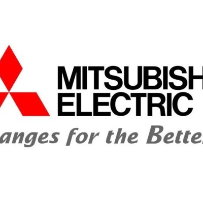 Logótipo da MITSUBISHI ELECTRIC com símbolo vermelho e lema em cinzento
