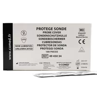 Embalagem de protetores de sonda, branco e preto, texto em várias línguas e símbolos médicos