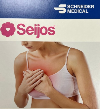 Mulher com top branco e mãos sobre peito com vermelho indicando dor
