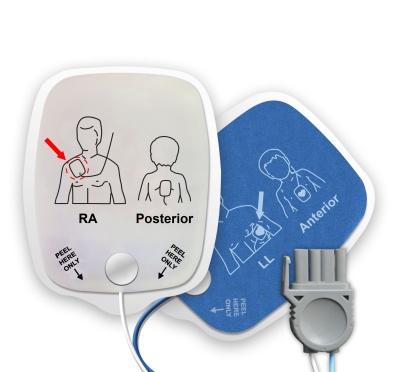Eléctrodos adesivos para desfibrilador com instruções de posicionamento em branco e azul