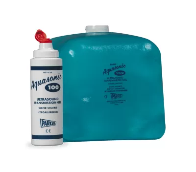 Recipiente branco com Gel de transmissão Ultrasónico e saco azul com texto Aquasonic 100