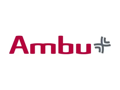 Logotipo da Ambu com texto vermelho e símbolo cinzento