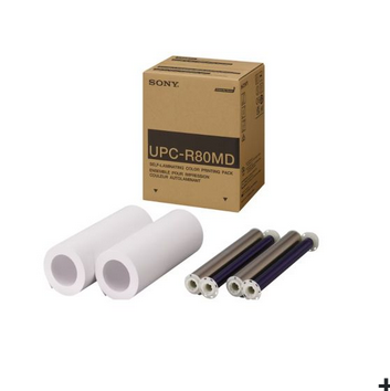 Conjunto de material de impressão Sony com cilindros e rolos ao lado da caixa.