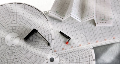 Gráficos em papel circular e quadriculado com ponteiros preto e vermelho