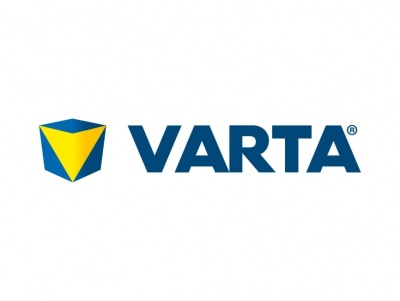 Logótipo da marca VARTA com símbolo geométrico amarelo e azul