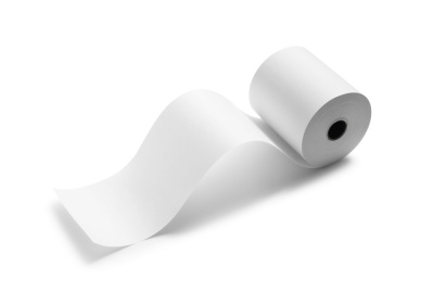 Rolo de papel térmico branco desenrolado parcialmente
