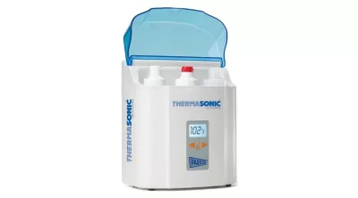 Irrigador oral branco com tampa azul e ecrã digital