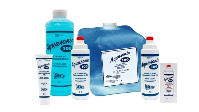 Vários frascos de gel transmissor de ultrassom Aquasonic 100 em tons de azul e branco