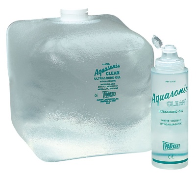 Gel para ultrassom Aquasonic Clear em duas embalagens transparentes