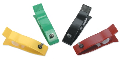 Conjunto de quatro pinças para bateria coloridas em plástico com parafusos