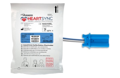 Pacote branco com conector azul de eletrodo de desfibrilhador HEARTSYNC