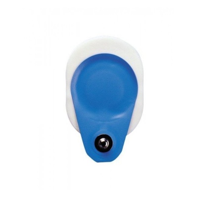 Eletrodo adesivo médico azul e branco com botão metálico