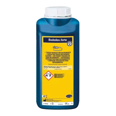 Frasco azul de produto de limpeza Bodedex.forte com etiqueta amarela.