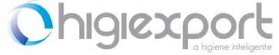 Logotipo da marca higiexport com slogan e símbolo circular azul e verde