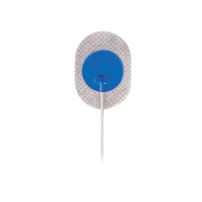 Eletrodo médico circular com base adesiva branca e centro azul ligado a cabo branco