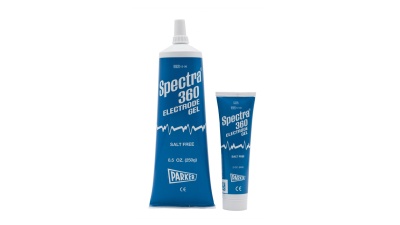 Duas embalagens tubo azuis de gel condutor Spectra 360 com texto branco no fundo branco