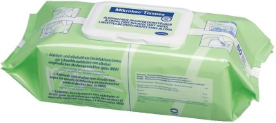 Pacote verde claro de toalhetes desinfetantes Mikrobac Tissues com tampa branca