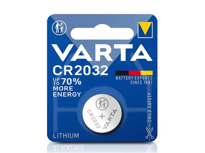 Embalagem azul de bateria de lítio VARTA CR2032 com texto e símbolos de segurança