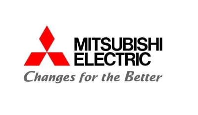 Logótipo da MITSUBISHI ELECTRIC com símbolo vermelho e lema em cinzento