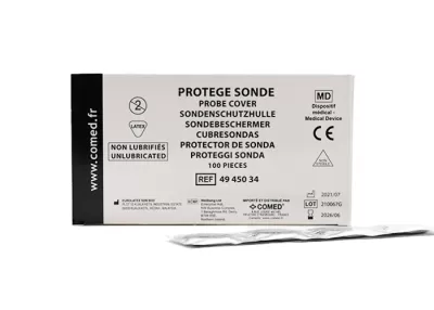 Embalagem de protetores de sonda, branco e preto, texto em várias línguas e símbolos médicos