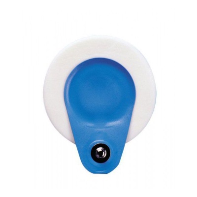 Electrodo médico azul com base branca redonda e terminal metálico