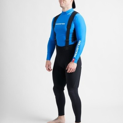 Fato de neoprene azul e preto para desportos aquáticos com texto ROOSTER