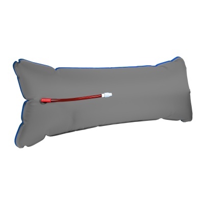 Almofada retangular cinzenta com tubo vermelho e bocal branco