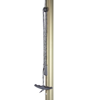 Elevador ou sistema de corda com polia, corda branca e preta, suporte plástico preto, estrutura metálica dourada