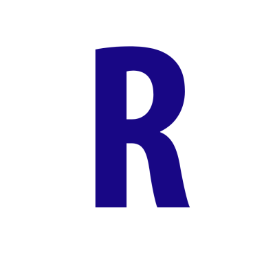 Letra R maiúscula azul escuro num fundo branco