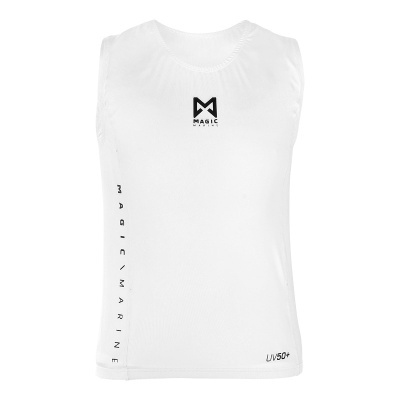 Camisola branca sem mangas com logotipo Magic Marine e texto UV50+