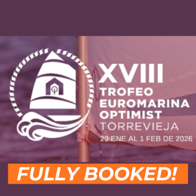 Gráfico de vela com texto XVIII Trofeo Euromarina Optimist Torrevieja 29 ENE AL 1 FEB DE 2026 e texto Full Booked